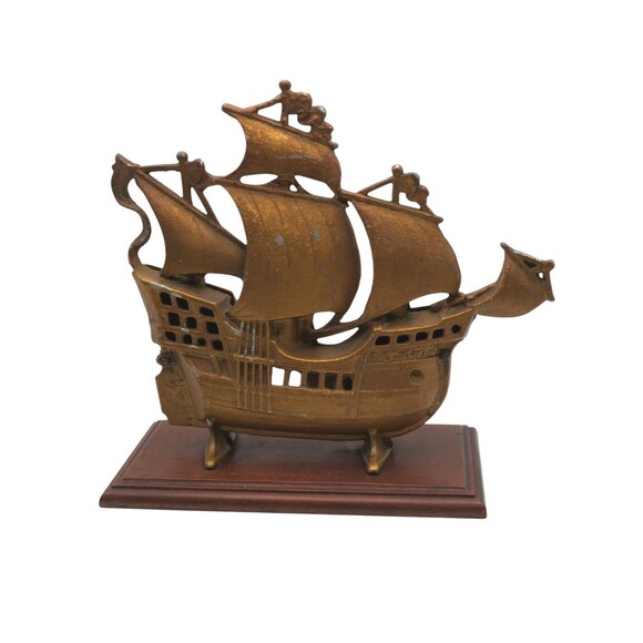 Vintage Spanish Galleon Cast Ship Table Lamp on Wood Base Needs Rewired